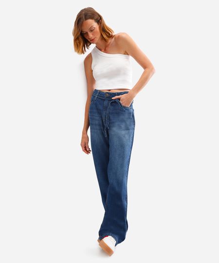 calça wide leg feminina jeans com cordão azul 36