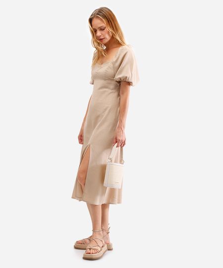 vestido midi feminino com linho manga bufante bege PP