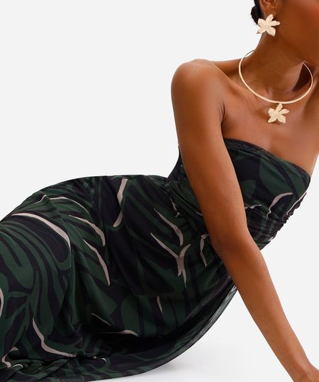 vestido sem alça feminino de tule folhagens verde PP