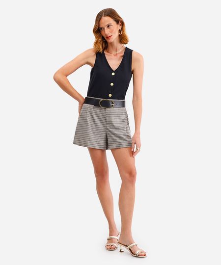 short de alfaiataria feminino xadrez bege 40