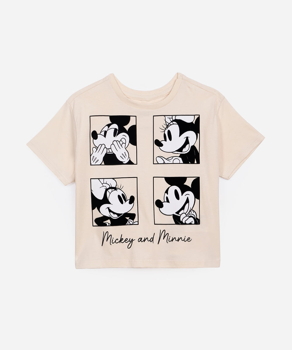 camiseta de algodão infantil mickey e minnie bege
