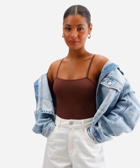 body básico feminino de poliamida canelado marrom G