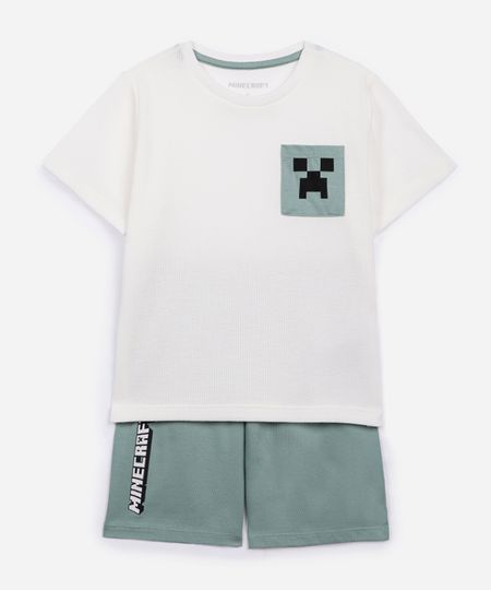 pijama infantil curto minecraft texturizado off white 14
