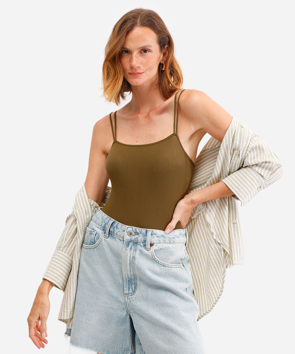 body básico feminino de poliamida canelado verde