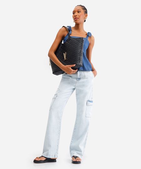 calça cargo jeans cintura alta azul 46
