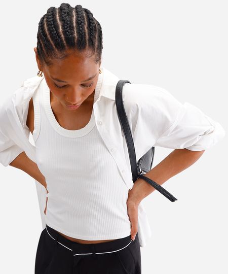 regata básica feminina de viscose canelada off white GG