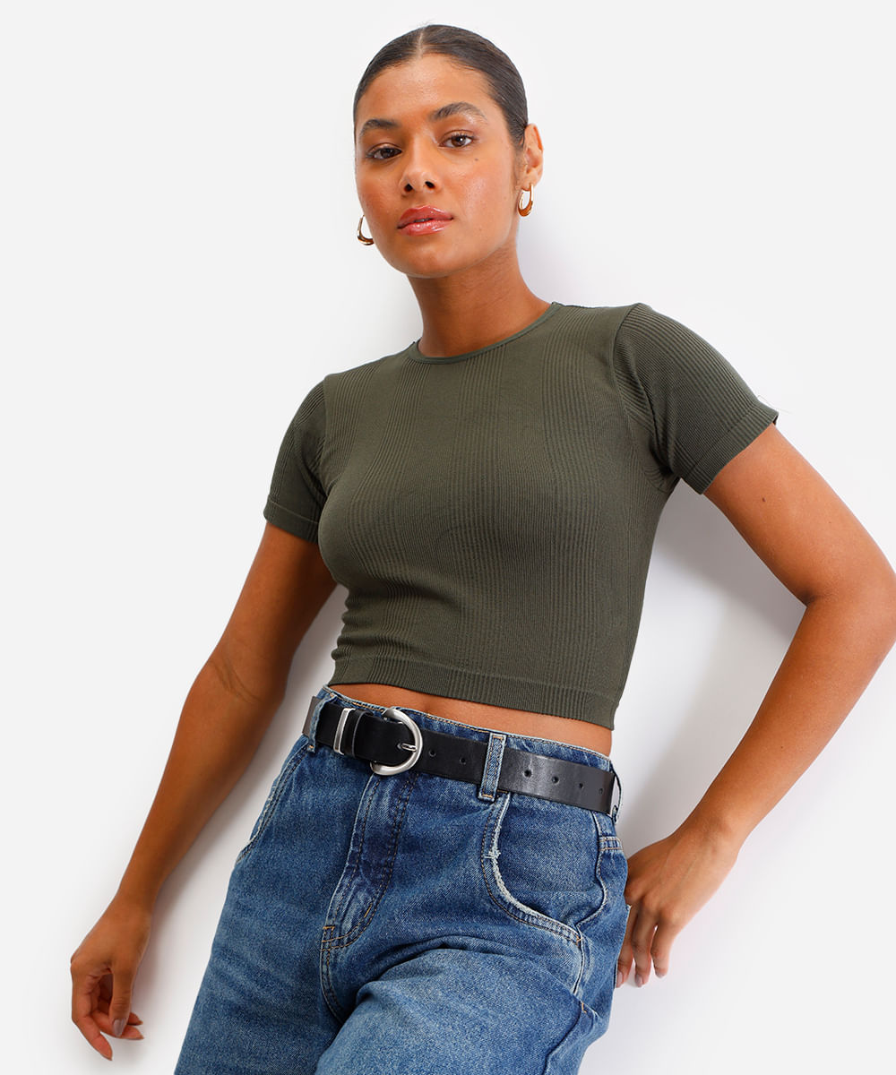 cropped básico feminino de poliamida canelado verde