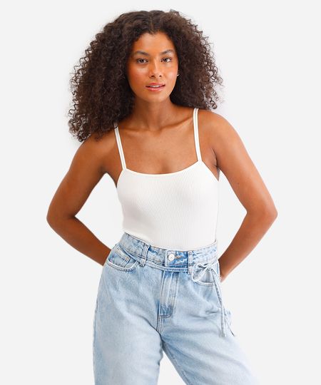 body básico feminino de poliamida canelado off white G