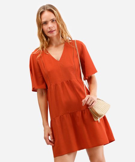 vestido curto com linho manga curta laranja P vestido curto com linho manga curta laranja P