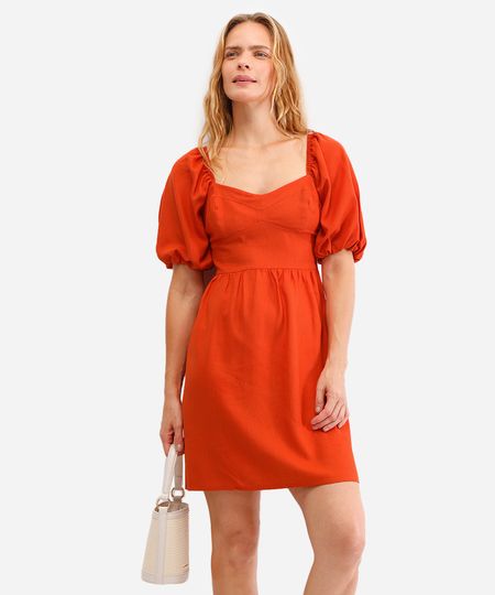 vestido curto com linho manga bufante laranja P vestido curto com linho manga bufante laranja P