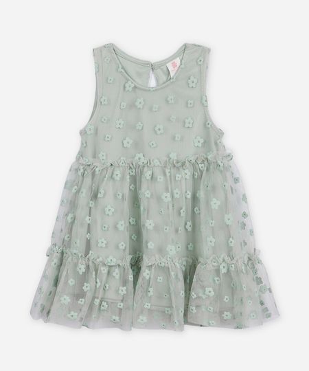 vestido de tule infantil floral com brilho verde 0-3