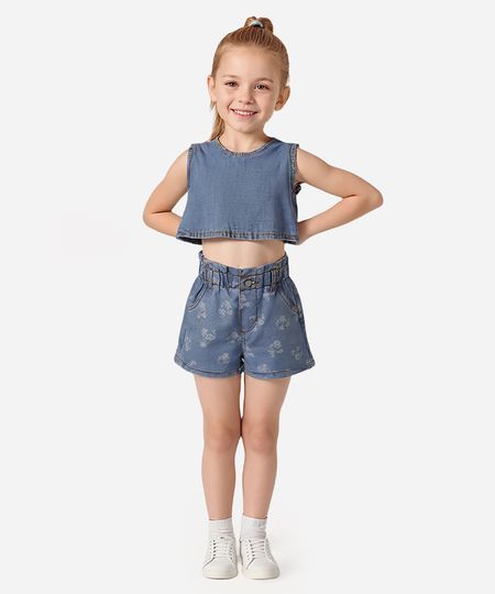 short clochard jeans infantil cós com elástico floral azul 1 short clochard jeans infantil cós com elástico floral azul 1
