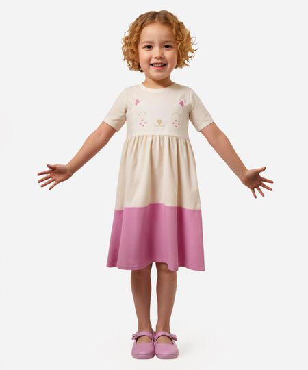vestido midi infantil manga curta gatinha colorido 3