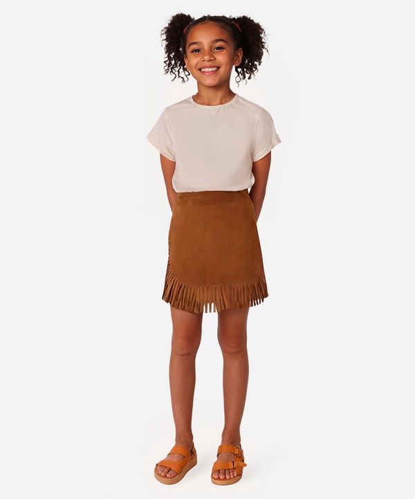 saia curta de suede infantil com franjas marrom 6