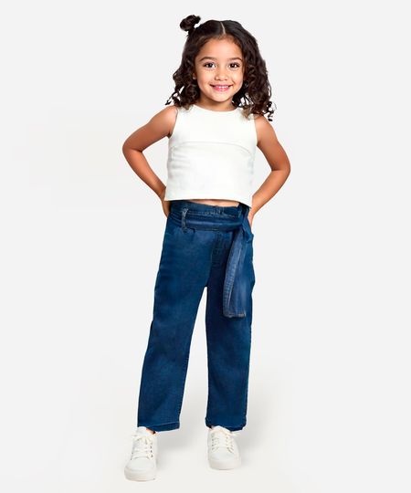calça clochard jeans infantil com cinto faixa azul 4