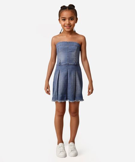 vestido evasê jeans com saia plissada juvenil azul 12 vestido evasê jeans com saia plissada juvenil azul 12