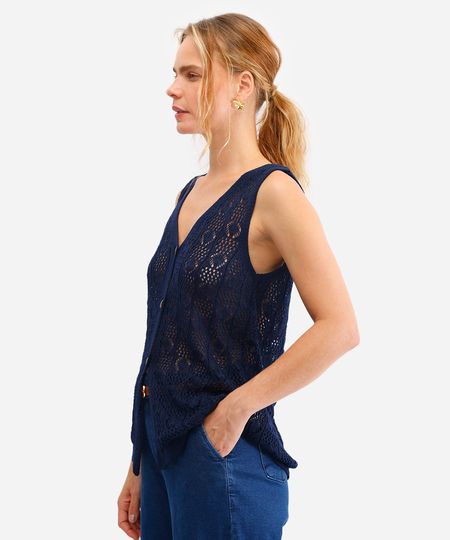 colete de tricot decote v azul P