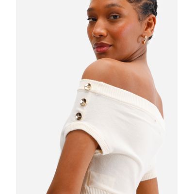 cropped feminino de tricot ombro a ombro off white
