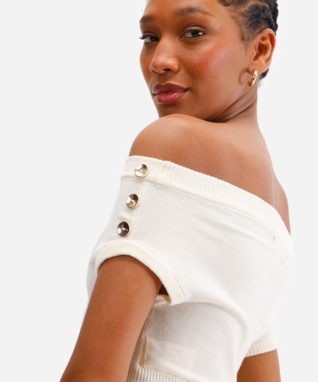 cropped feminino de tricot ombro a ombro off white G cropped feminino de tricot ombro a ombro off white G