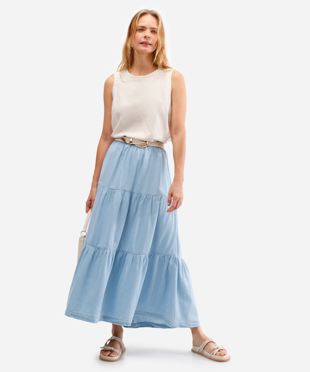 saia longa feminina jeans com recortes azul
