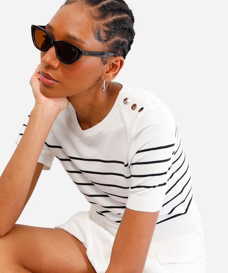 blusa feminina de tricot listrada off white M blusa feminina de tricot listrada off white M