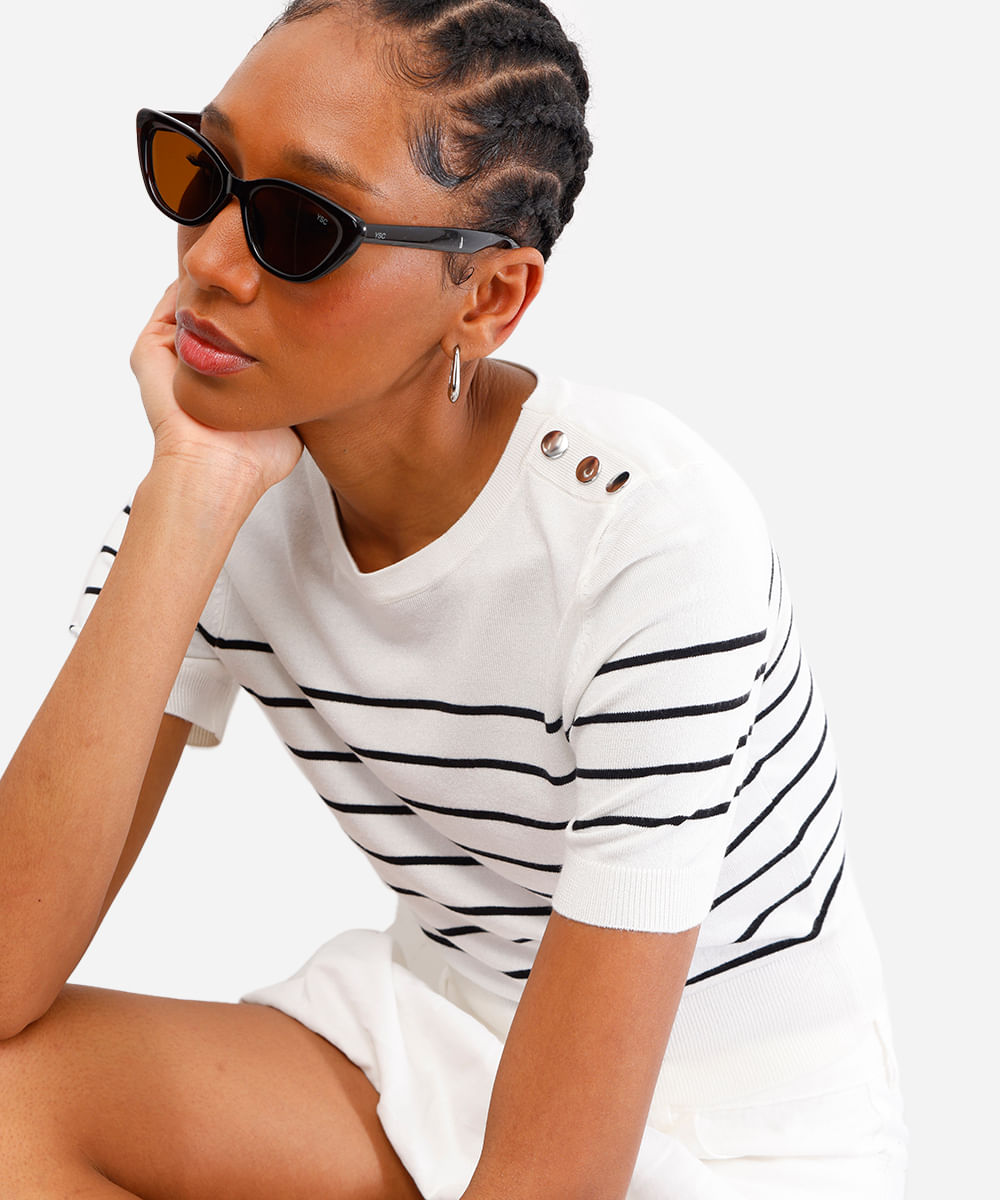 blusa feminina de tricot listrada off white