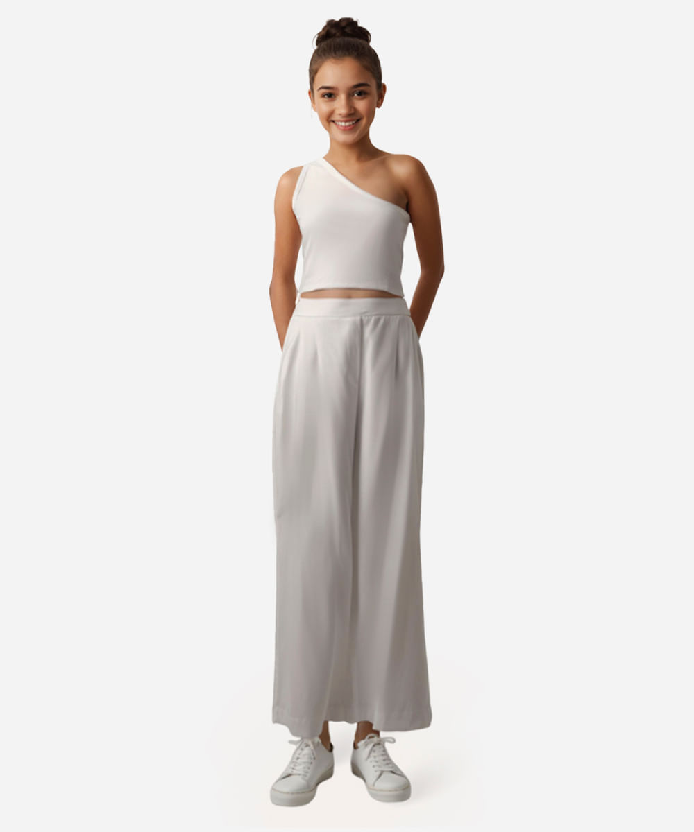 calça wide leg juvenil de alfaiataria off white