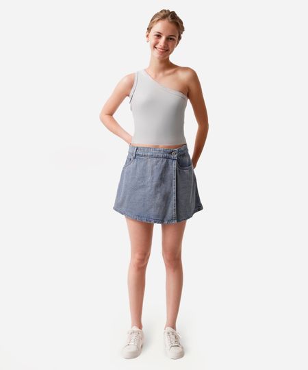 short saia jeans juvenil transpassado azul 16