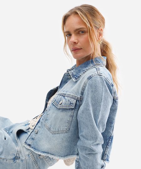 jaqueta cropped feminina jeans azul PP