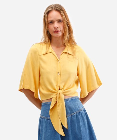 camisa cropped feminina de viscose com amarração amarela P camisa cropped feminina de viscose com amarração amarela P