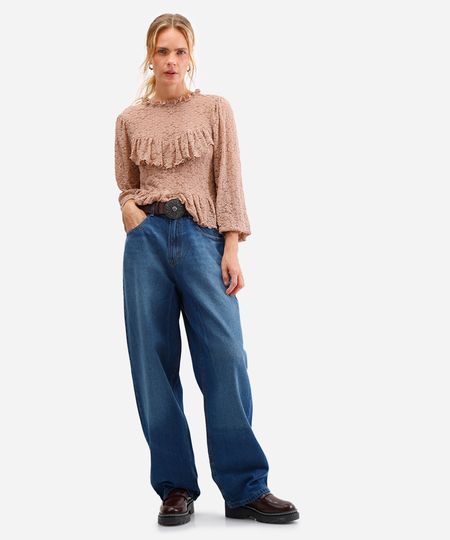 calça wide leg feminina jeans cintura média azul 44
