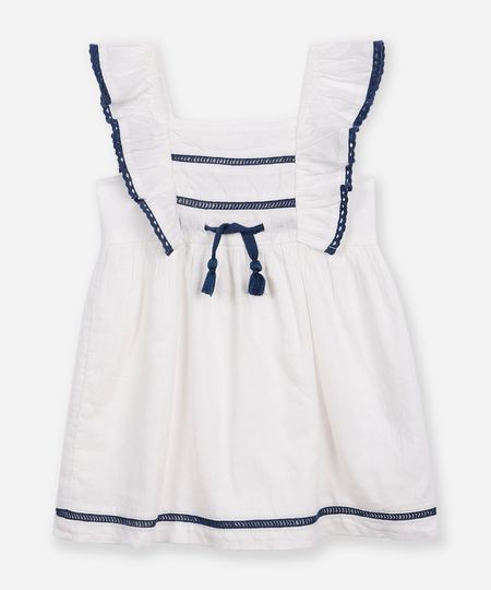 vestido de algodão infantil com crochê bicolor off white 12-18