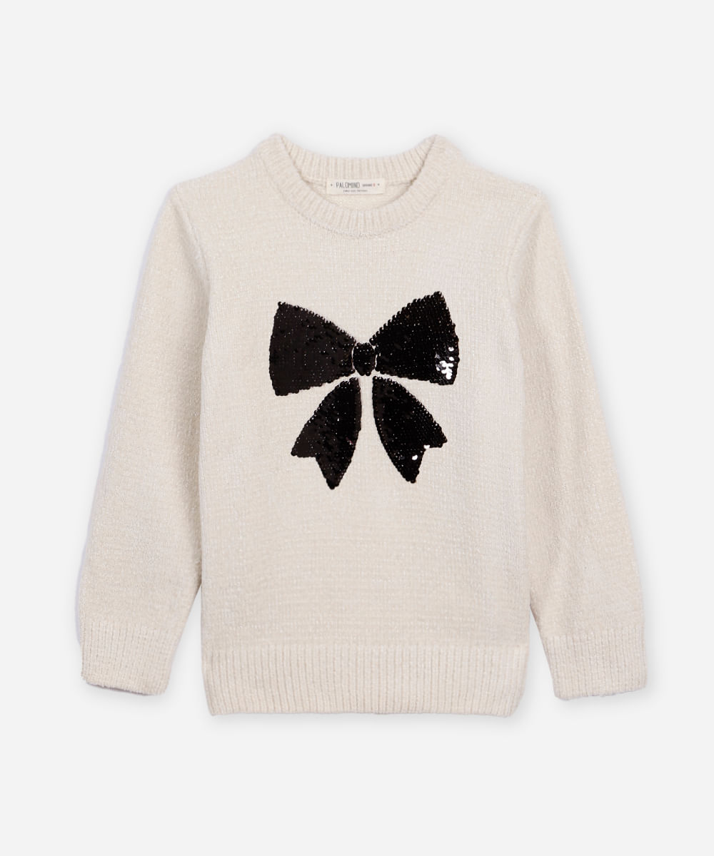 suéter de tricot infantil com laço de paetê bege