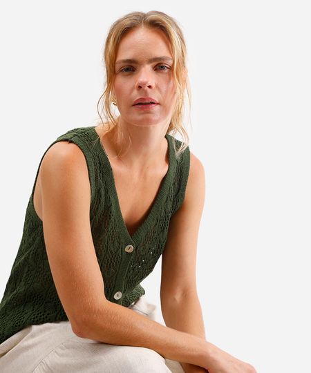 colete de tricot decote v verde G