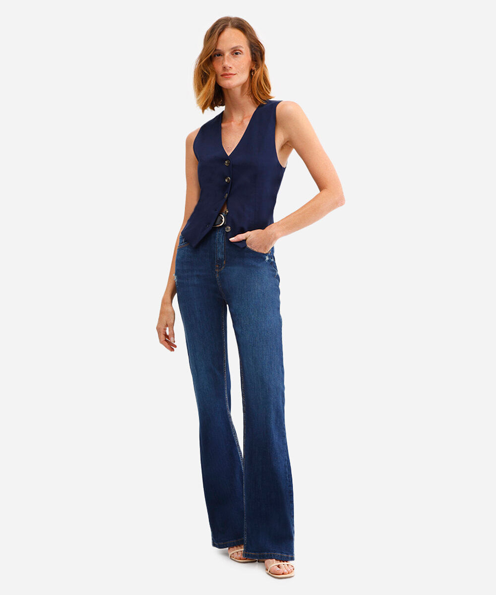 calça flare jeans cintura alta azul