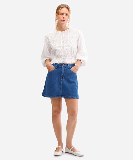 saia curta feminina evasê jeans azul 36
