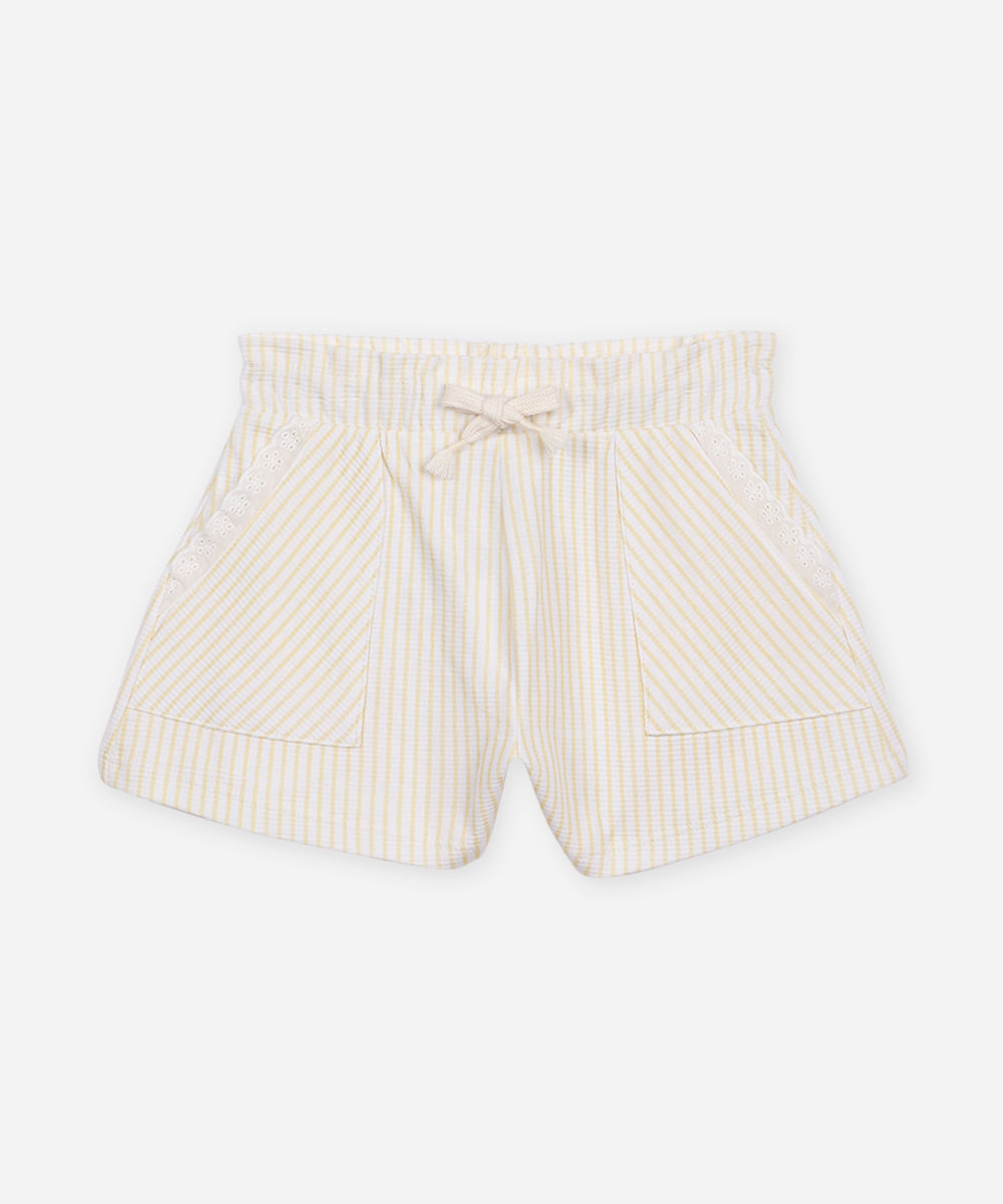 short curta de algodão listrada com laise amarelo