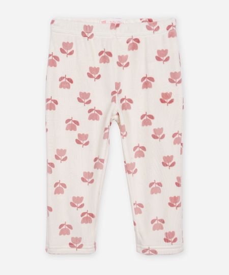 calça reta infantil de plush floral off white 6-9