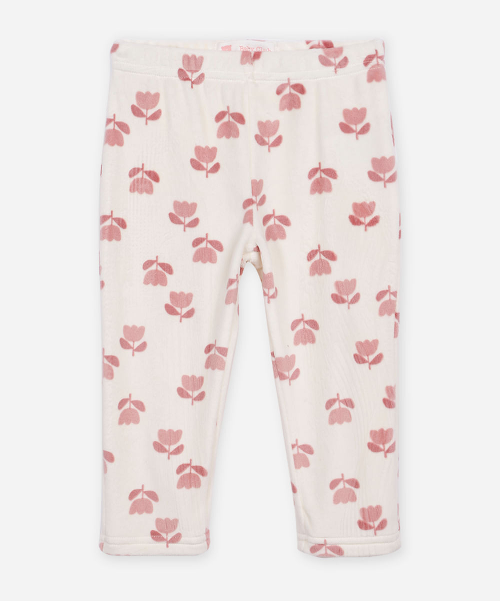 calça reta infantil de plush floral off white