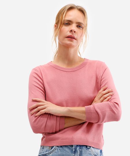 suéter de tricô básico decote redondo rosa PP suéter de tricô básico decote redondo rosa PP