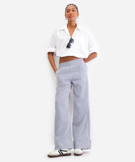 calça wide leg feminina texturizada listrada azul P
