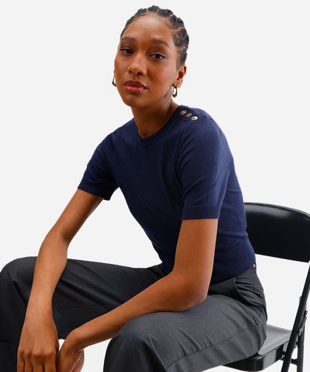 blusa feminina de tricot com botões azul M