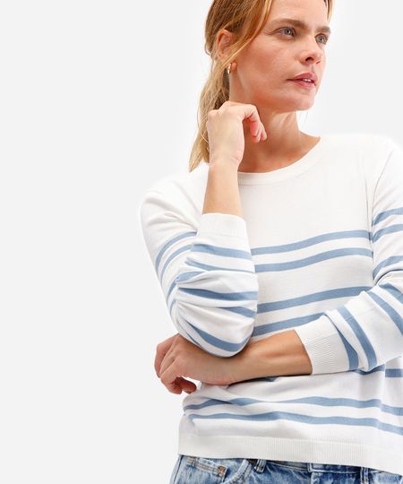 suéter básico feminino de tricot listrado azul G suéter básico feminino de tricot listrado azul G