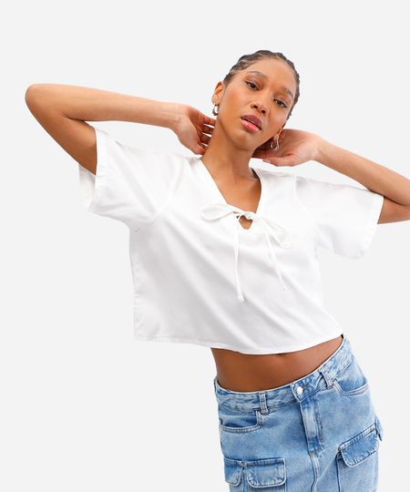 blusa feminina de liocel com amarração off white PP blusa feminina de liocel com amarração off white PP