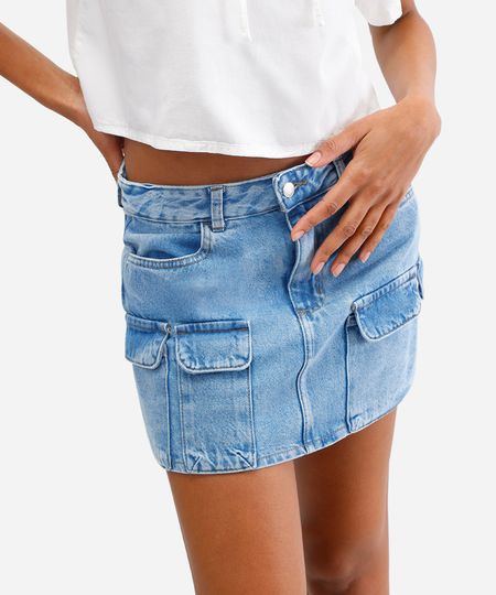 saia curta feminina jeans com bolsos cargo azul 36