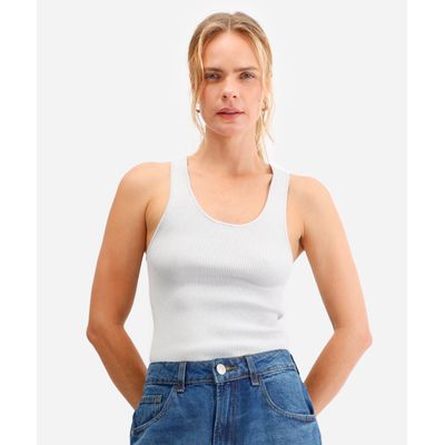 regata feminina de tricot canelada cinza