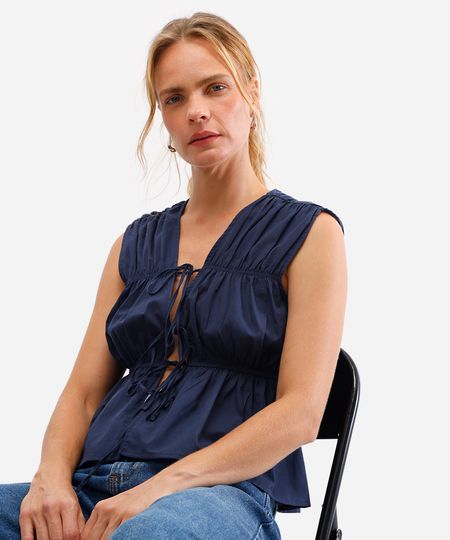 regata de algodão com laços e pregas azul M regata de algodão com laços e pregas azul M