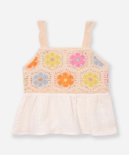 bata de viscose infantil com crochê floral bege 6