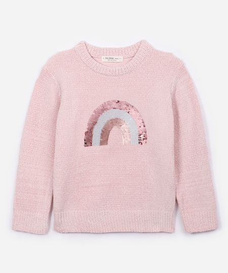 suéter infantil de tricot com bordado paetê rosa 10