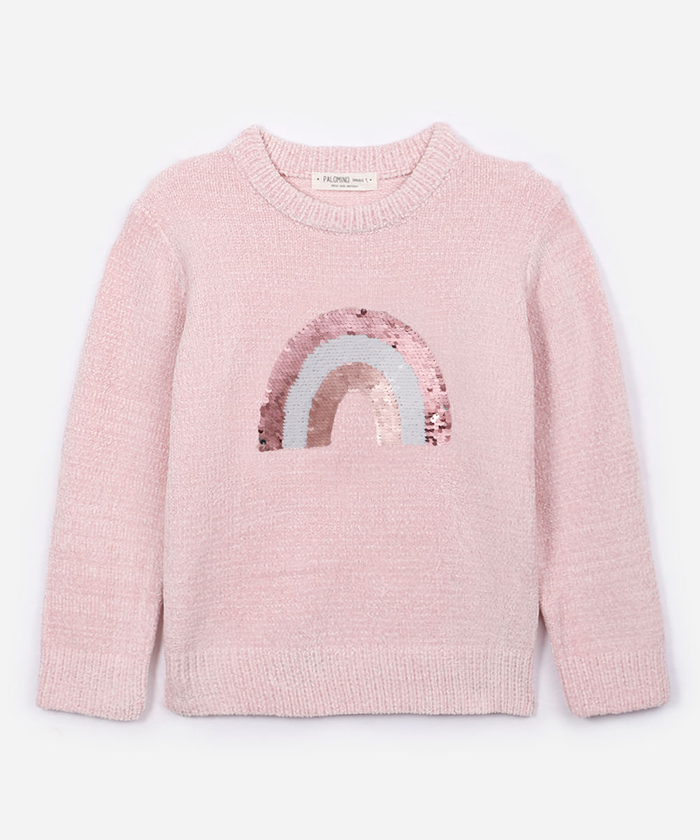 suéter infantil de tricot com bordado paetê rosa